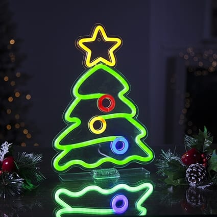 Premier Christmas Lit Neon Signs USB Lit Tree with Star and Baubles Neon Hanging Sign – 34cm
