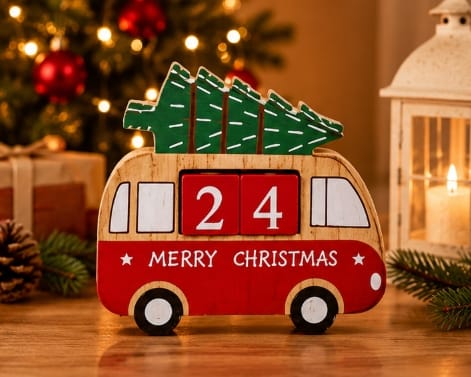 Premier Christmas Countdown Piece Wooden Christmas Countdown – 15cm (Car & Campervan Assorted)