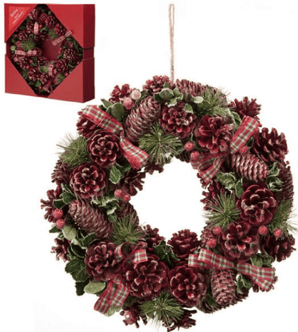 Trowell Garden Centre Festive Red Pinecone w/ Tartan Ribbon Wreath