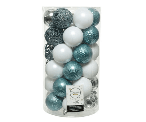 Kaemingk Baubles Kaemingk Bauble Shatterproof Shiny/Matt/Glitter Silver/White/Blue Mix 37pc