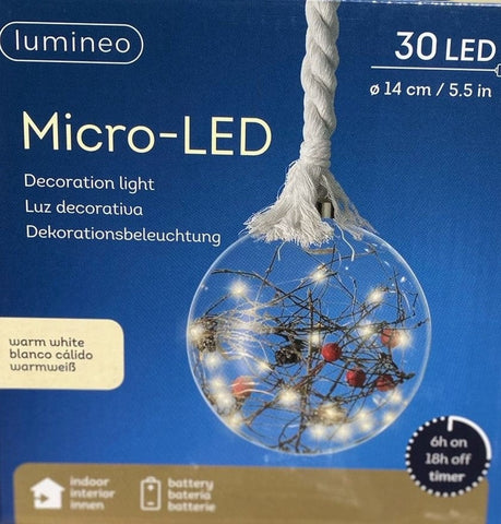 Kaemingk Christmas Lights Lumineo Lit Glass Ball on White rope 14cm B/O