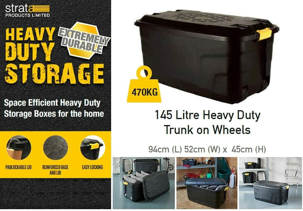 Strata Heavy Duty Storage Trunk On Wheels Black Plastic 145L – Trowell ...