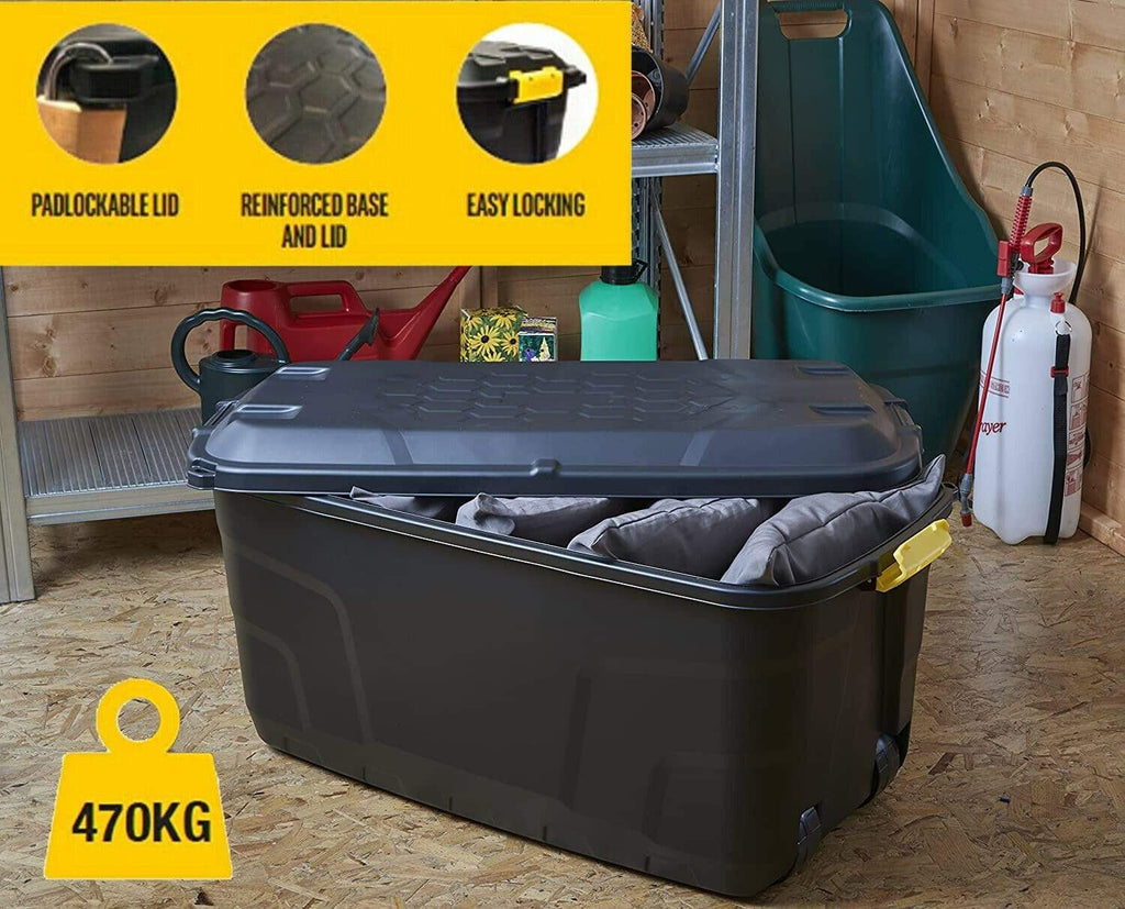 Strata Heavy Duty Storage Trunk On Wheels Black Plastic 145L Trowell