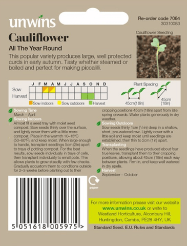 Unwins Cauliflower Seeds Unwins Cauliflower All The Year Round Seeds