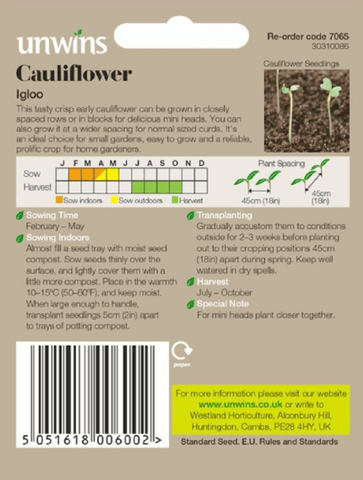 Unwins Cauliflower Seeds Unwins Cauliflower Igloo Seeds